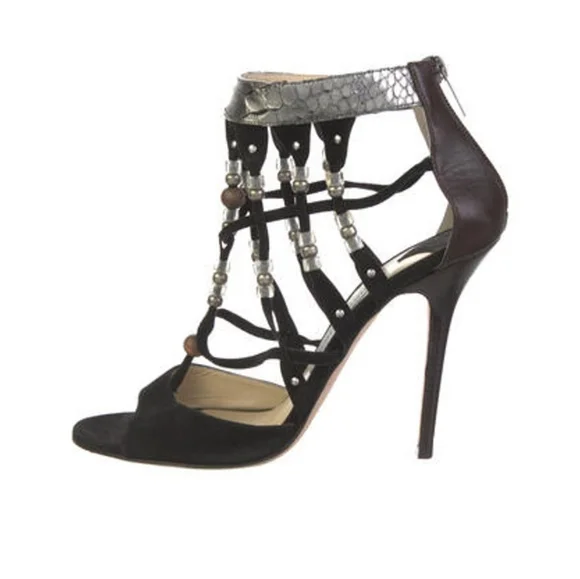 Jimmy Choo Black Brown Beaded Stilletto Heels Sandals Size 40 9 - Picture 1 of 5